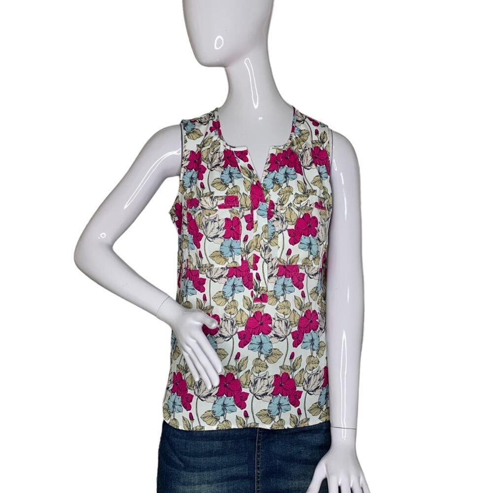 Ann Taylor Floral Print Multicolor Sleeveless Pullover Two Front Pockets Size S